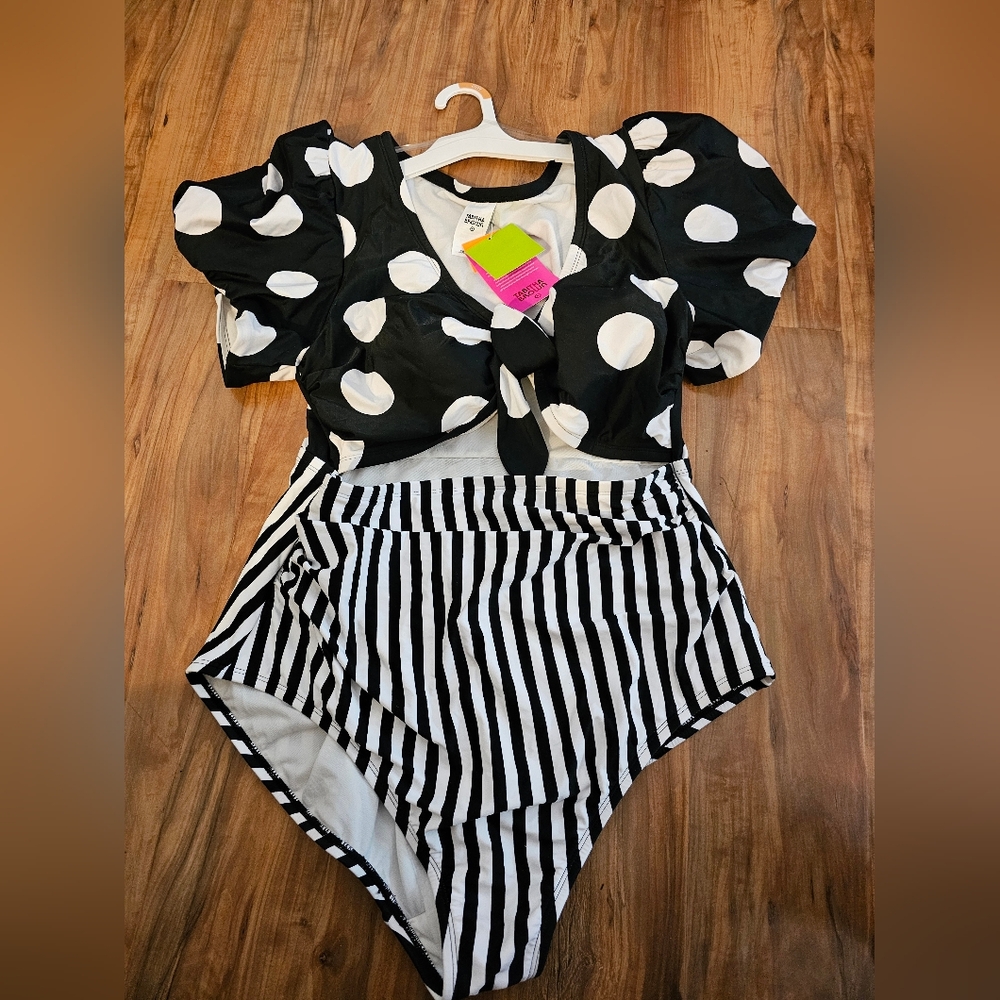 Black and White Polka Dot and Stripe One Piece Swimsuit